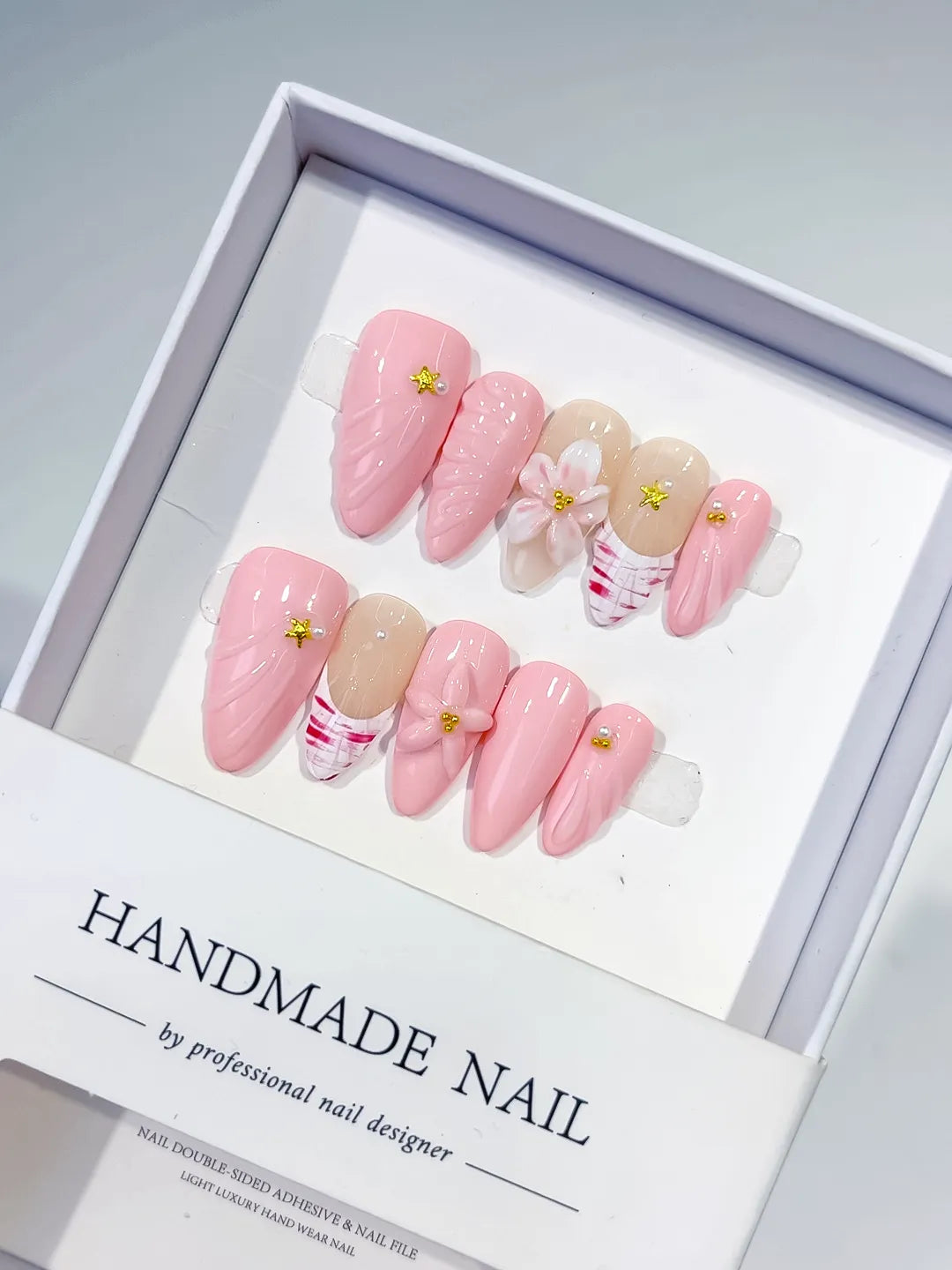 Pink Nude White Solid color Flower Star Shell press on nails