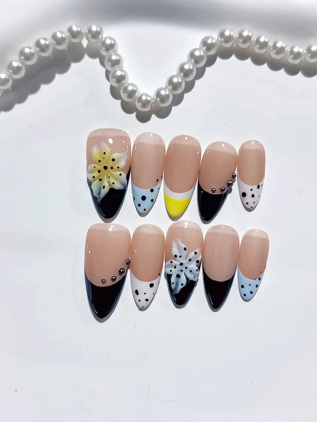 Nude Black White Yellow French tip Flower Bow Dot Pattern press on nails close up