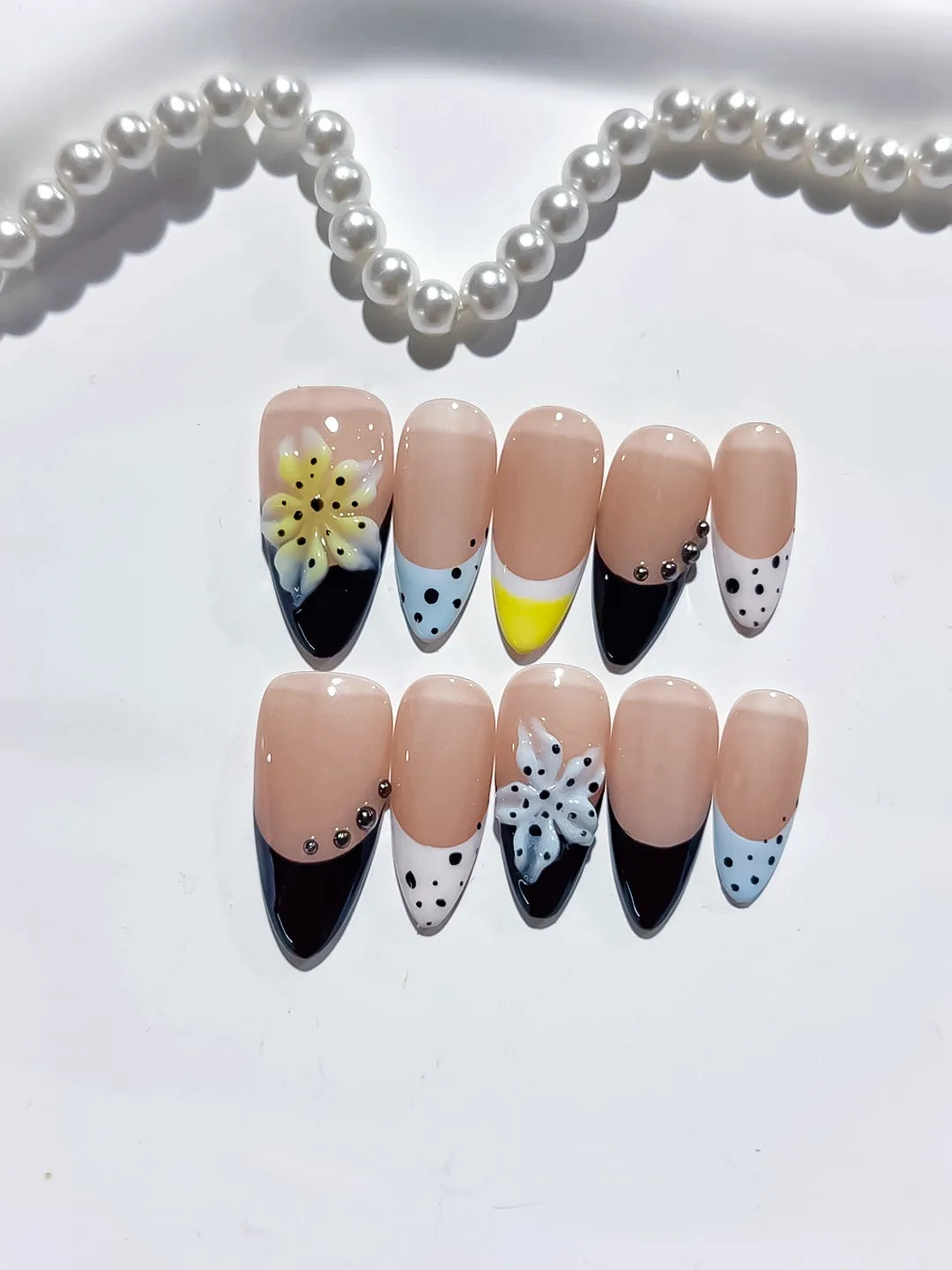 Nude Black White Yellow French tip Flower Bow Dot Pattern press on nails close up