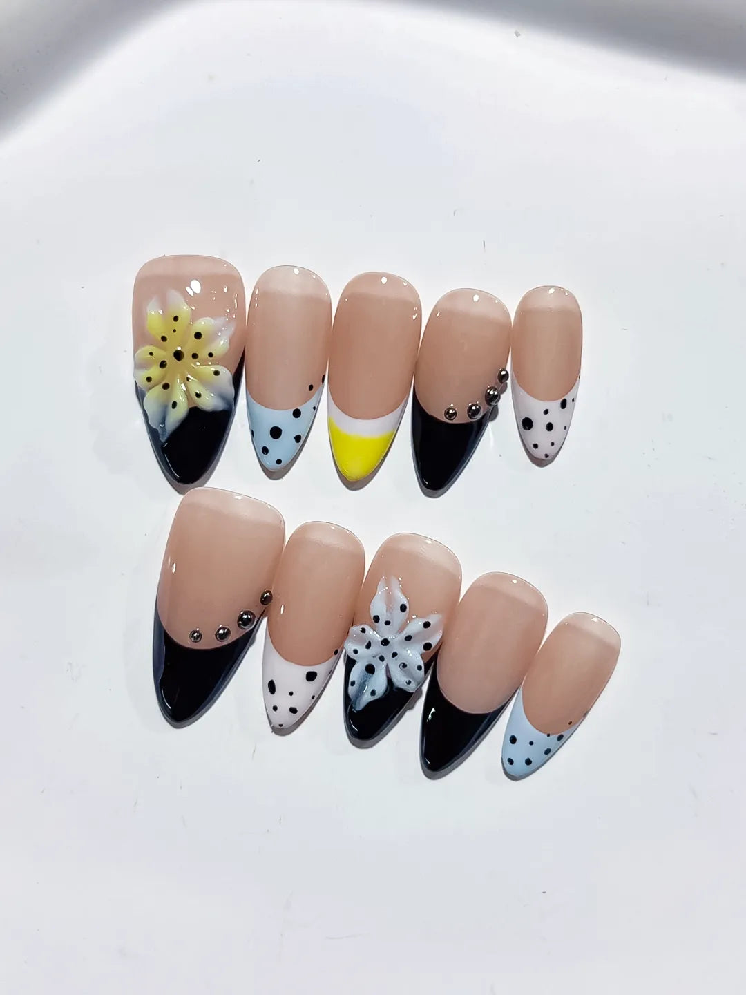 Nude Black White Yellow French tip Flower Bow Dot Pattern press on nails detail view