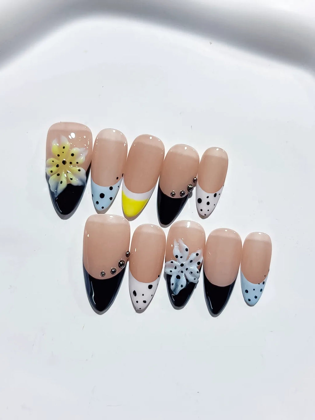 Nude Black White Yellow French tip Flower Bow Dot Pattern press on nails detail view