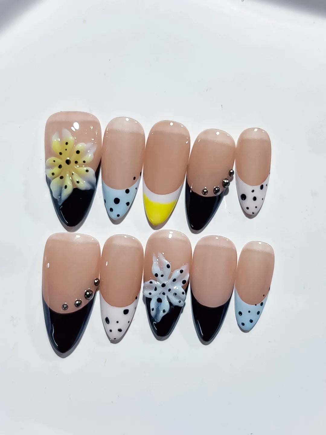 Nude Black White Yellow French tip Flower Bow Dot Pattern press on nails detail view
