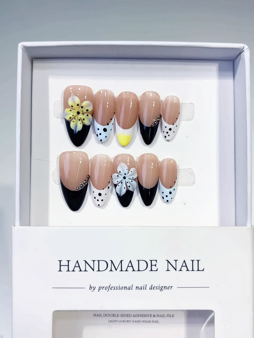 Nude Black White Yellow French tip Flower Bow Dot Pattern press on nails full set view