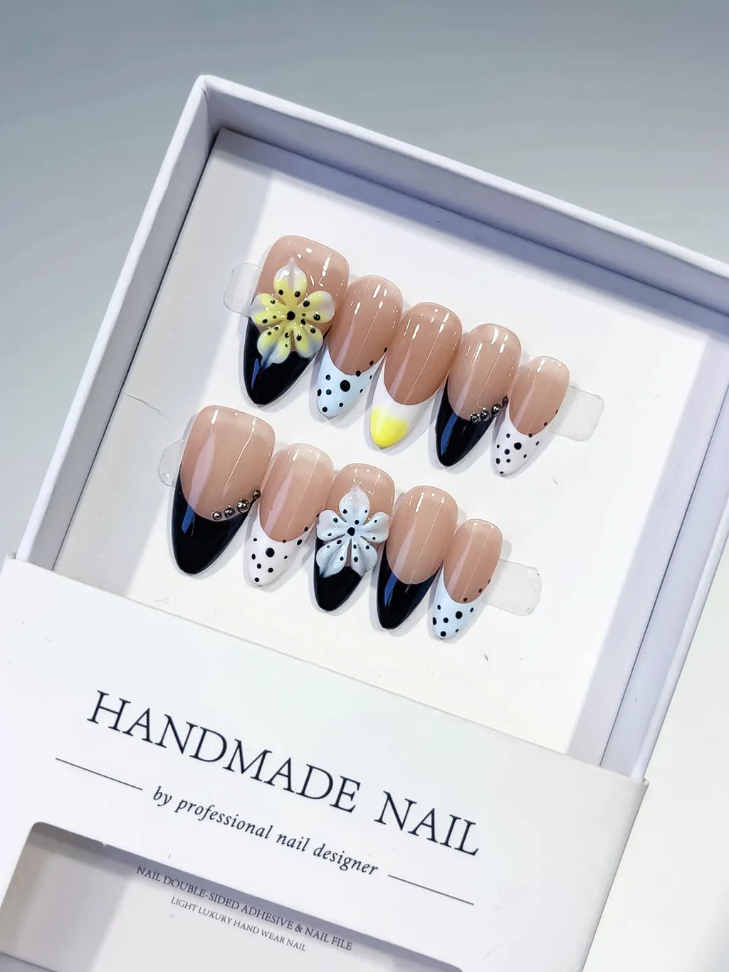 Nude Black White Yellow French tip Flower Bow Dot Pattern press on nails