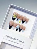 Nude Black White Yellow French tip Flower Bow Dot Pattern press on nails