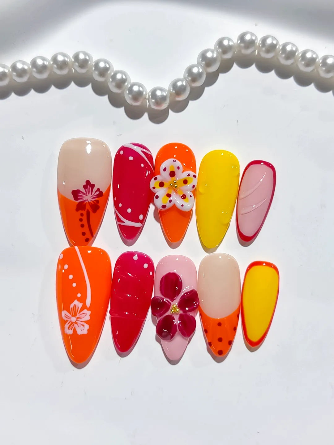 Orange Red Yellow Pink Abstract Flower Heart Dot Pattern press on nails close up