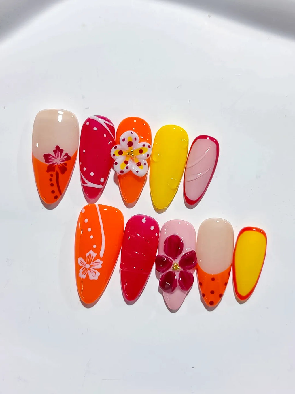 Orange Red Yellow Pink Abstract Flower Heart Dot Pattern press on nails detail view
