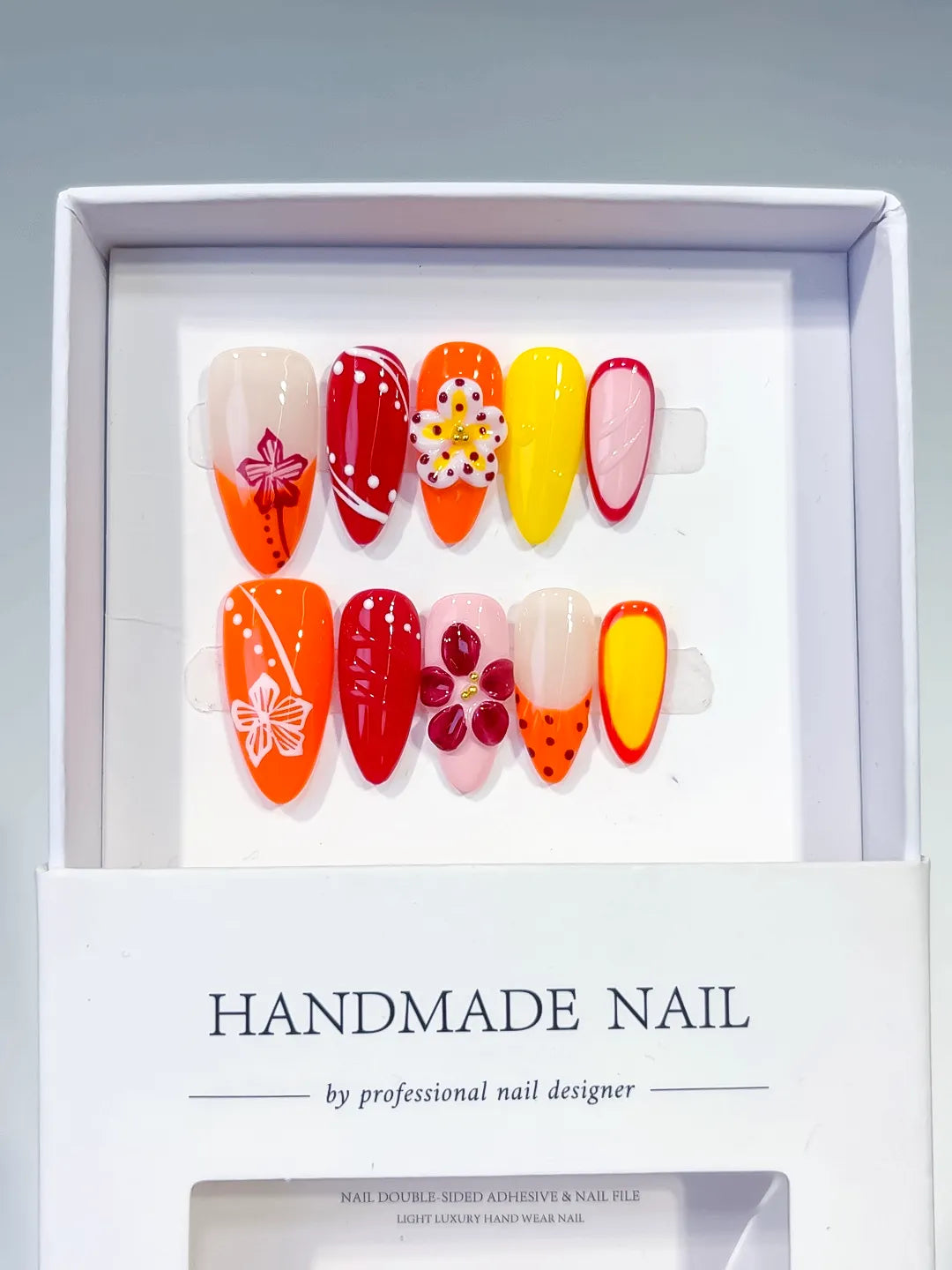 Orange Red Yellow Pink Abstract Flower Heart Dot Pattern press on nails full set view