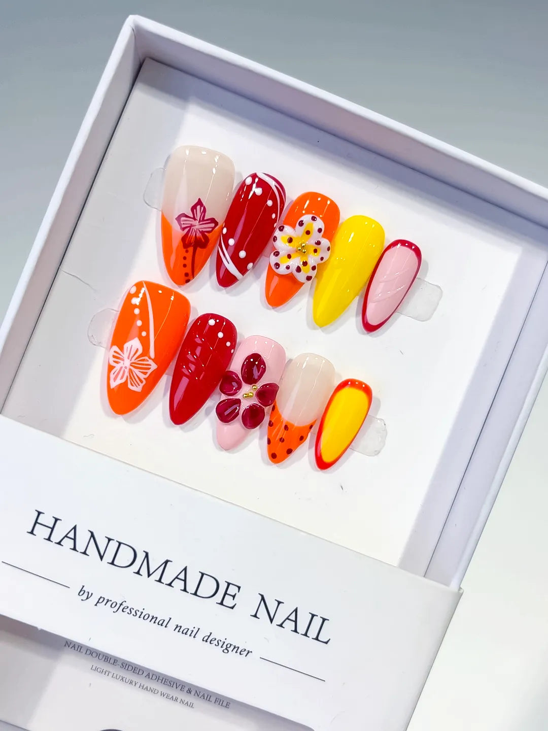 Orange Red Yellow Pink Abstract Flower Heart Dot Pattern press on nails