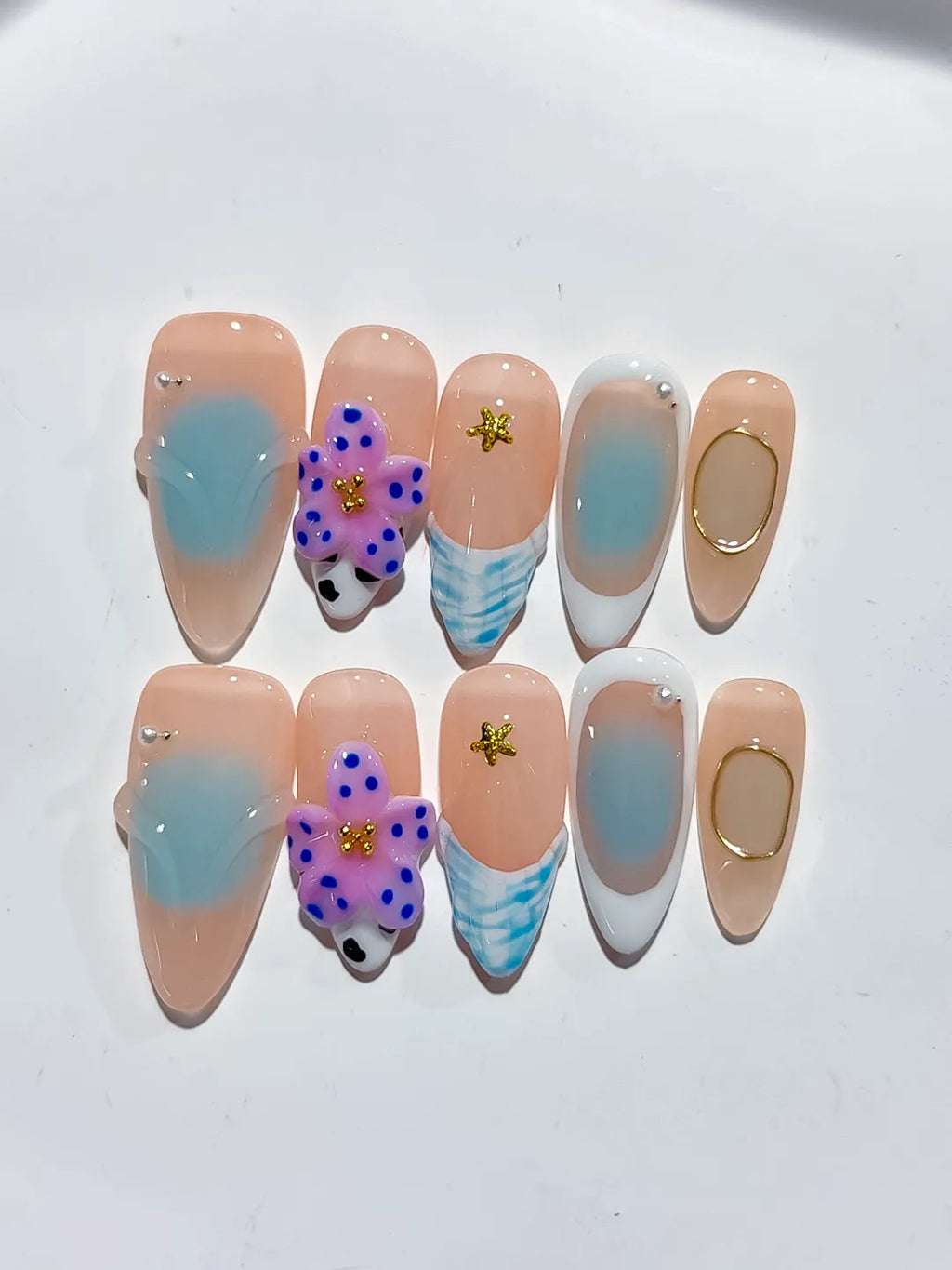Nude Blue White Purple Gold Abstract Flower Animal Print Metallic Charm press on nails close up