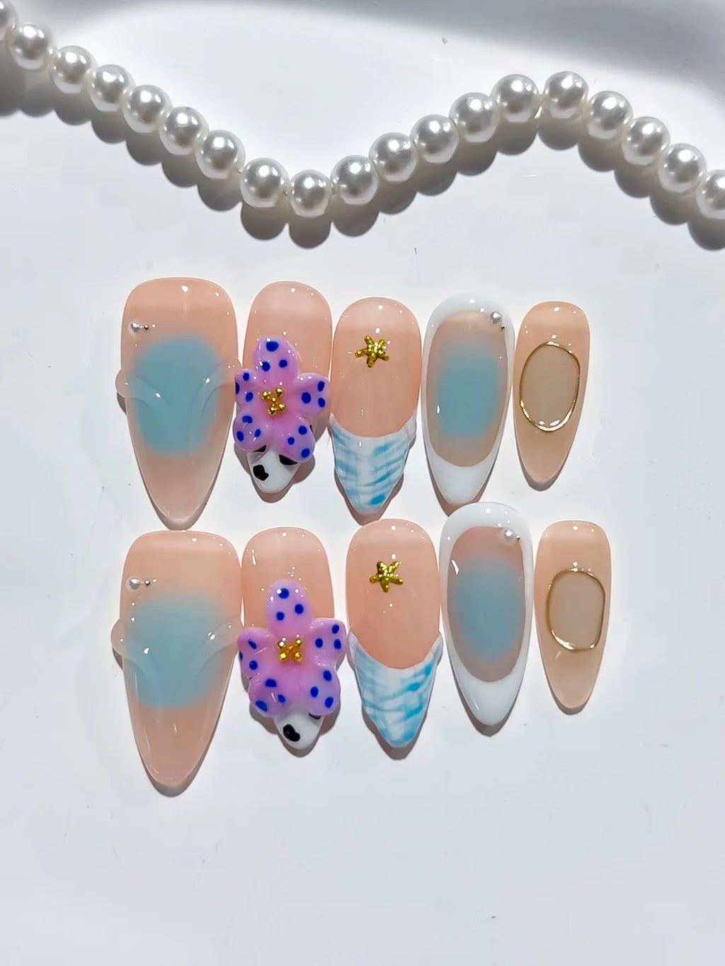Nude Blue White Purple Gold Abstract Flower Animal Print Metallic Charm press on nails detail view