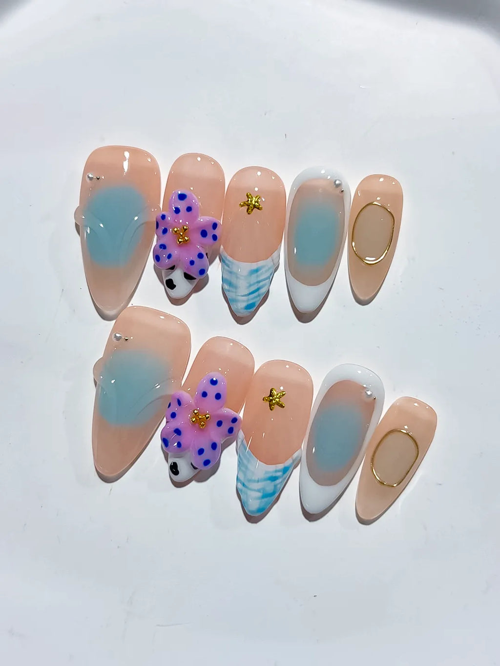 Nude Blue White Purple Gold Abstract Flower Animal Print Metallic Charm press on nails detail view