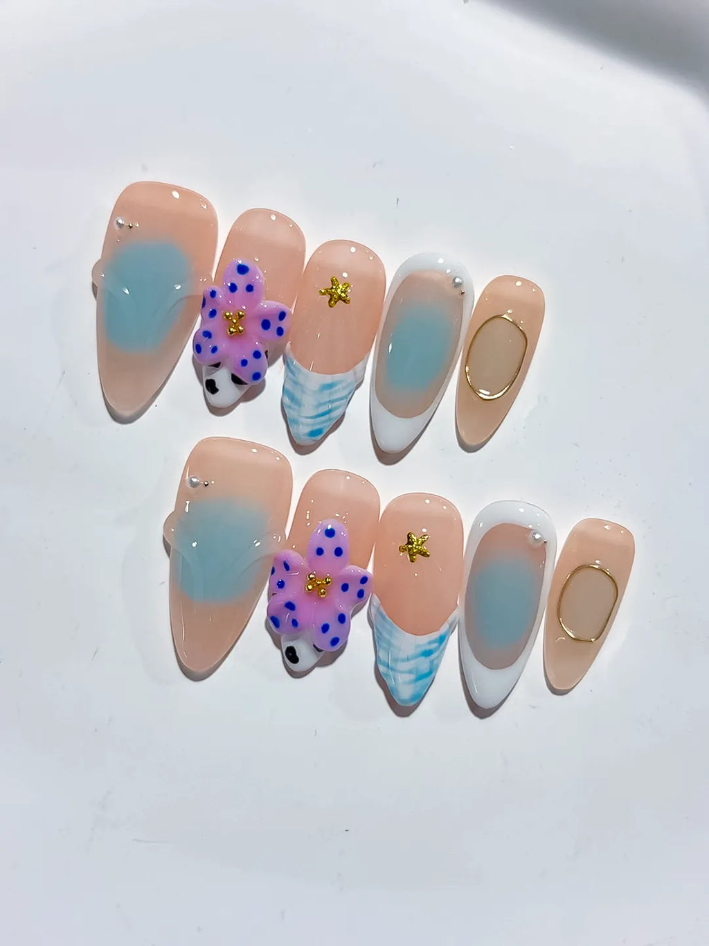 Nude Blue White Purple Gold Abstract Flower Animal Print Metallic Charm press on nails detail view
