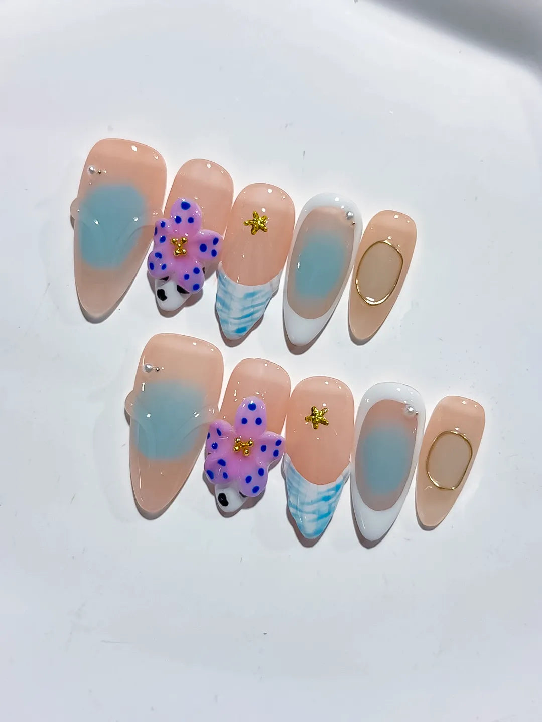 Nude Blue White Purple Gold Abstract Flower Animal Print Metallic Charm press on nails detail view