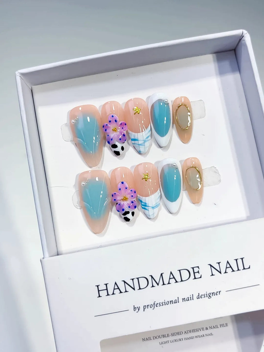 Nude Blue White Purple Gold Abstract Flower Animal Print Metallic Charm press on nails angled view