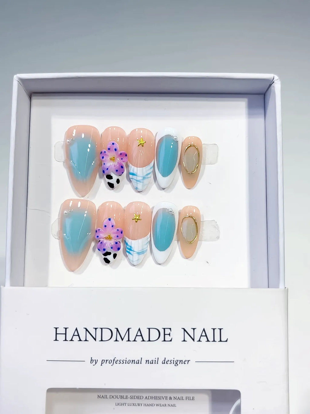 Nude Blue White Purple Gold Abstract Flower Animal Print Metallic Charm press on nails full set view