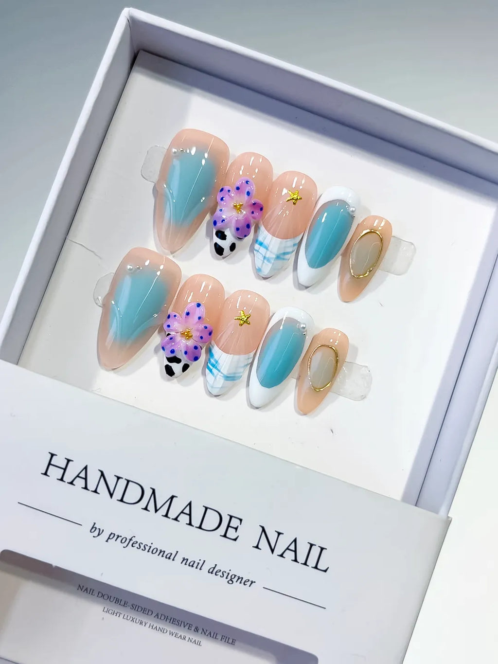 Nude Blue White Purple Gold Abstract Flower Animal Print Metallic Charm press on nails