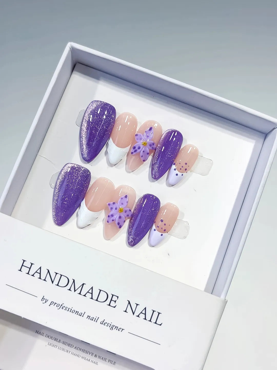 Purple Nude White Glitter Flower Dot Pattern press on nails