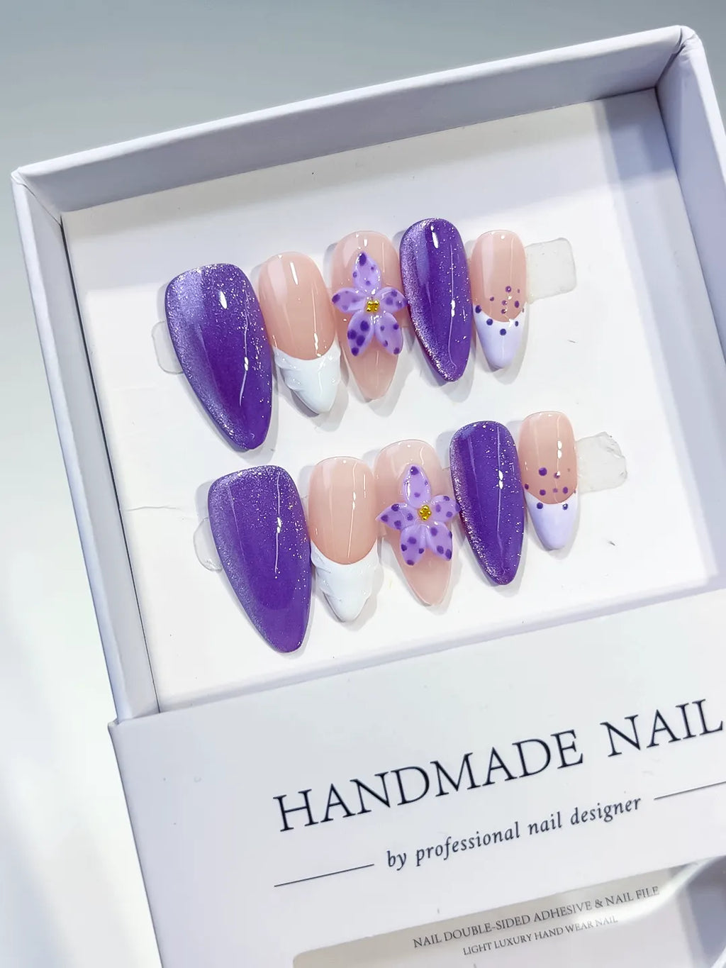 Purple Nude White Glitter Flower Dot Pattern press on nails angled view