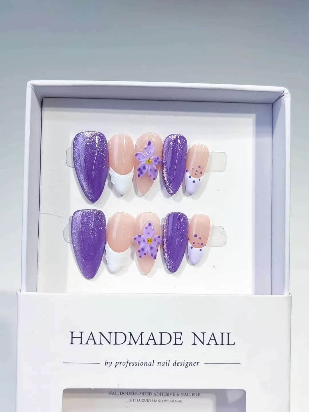 Purple Nude White Glitter Flower Dot Pattern press on nails full set view