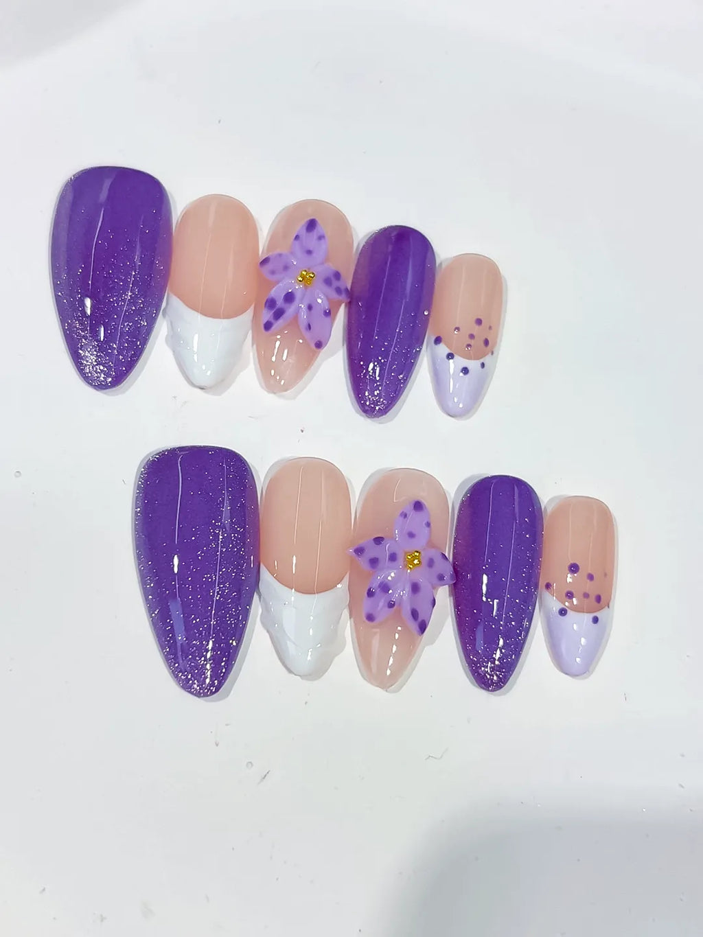 Purple Nude White Glitter Flower Dot Pattern press on nails close up
