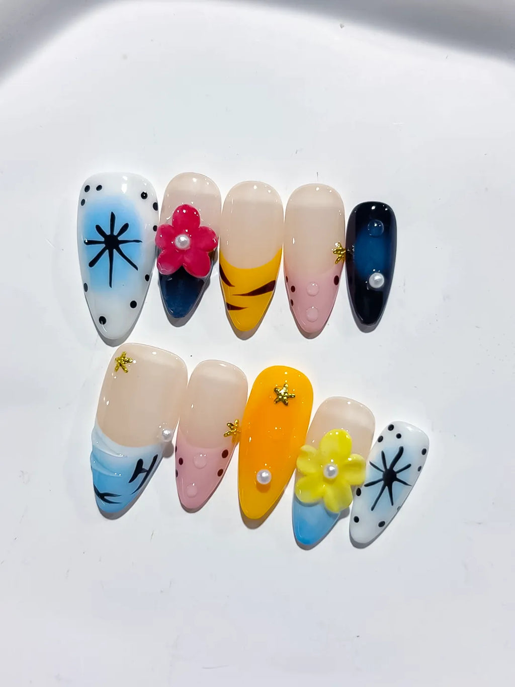 Blue Yellow Pink White Black Abstract Flower Star Dot Pattern press on nails close up