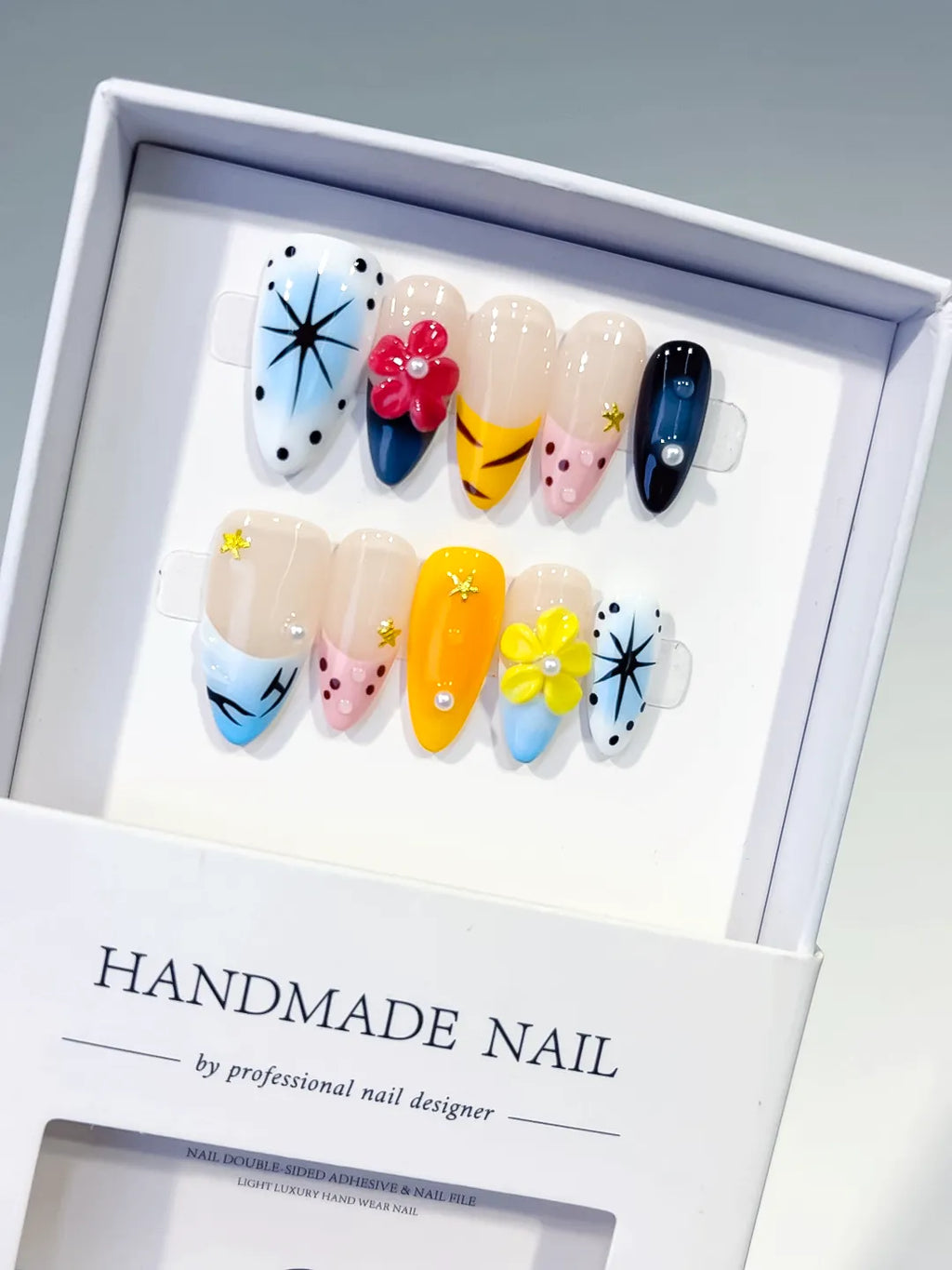Blue Yellow Pink White Black Abstract Flower Star Dot Pattern press on nails