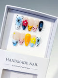 Blue Yellow Pink White Black Abstract Flower Star Dot Pattern press on nails