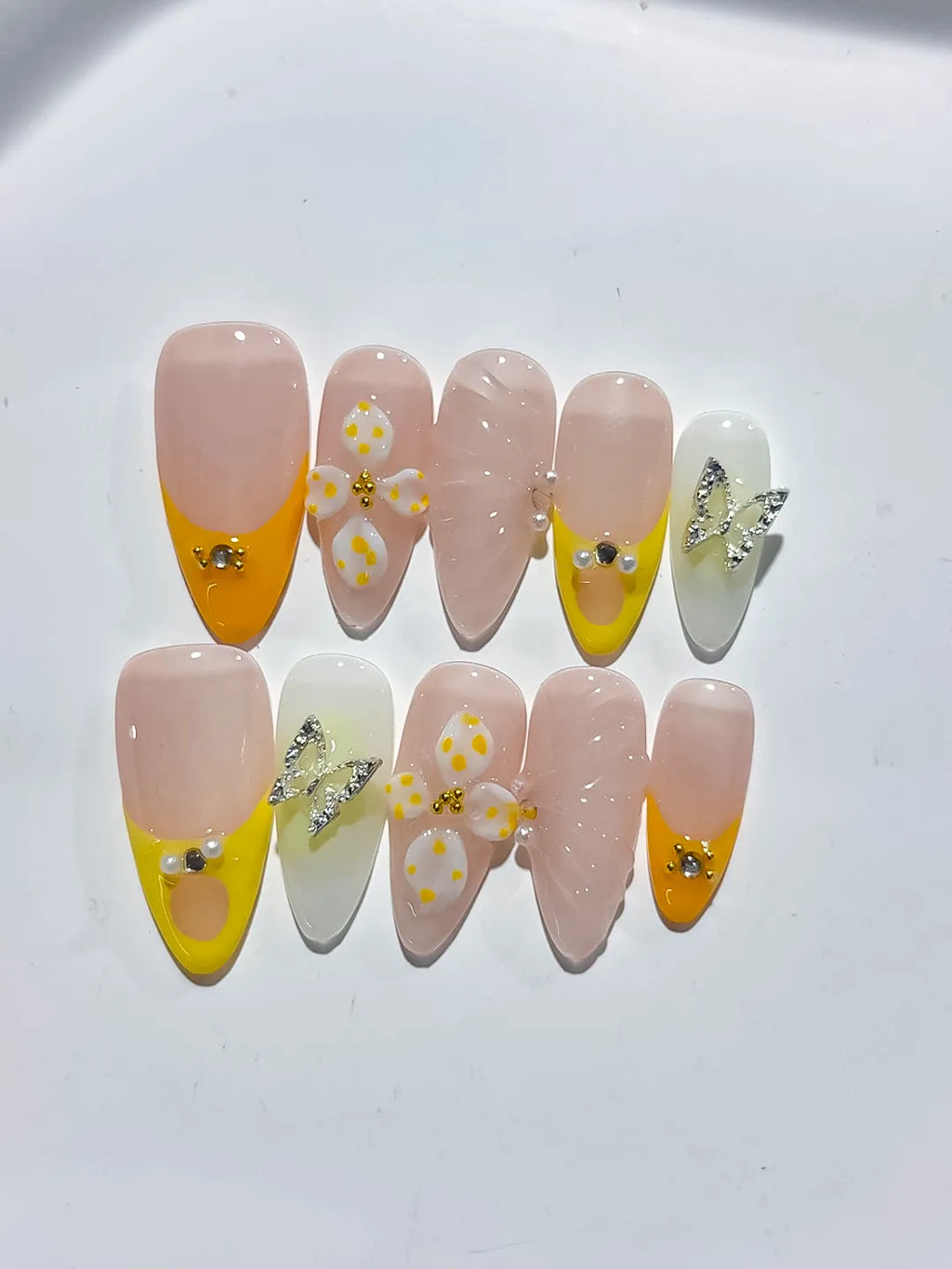 Nude Yellow White French tip Flower Metallic Charm Rhinestone press on nails detail view