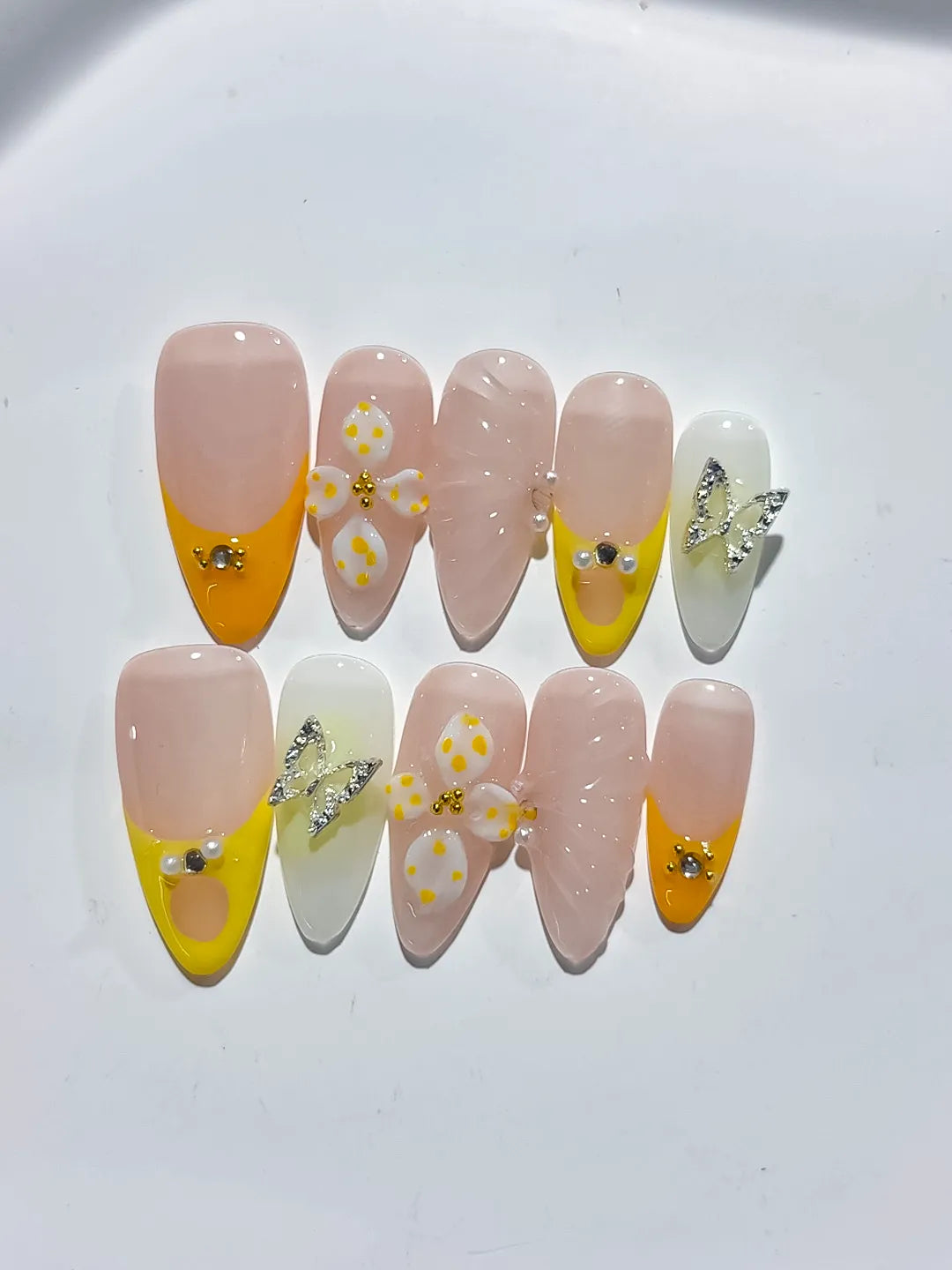 Nude Yellow White French tip Flower Metallic Charm Rhinestone press on nails detail view