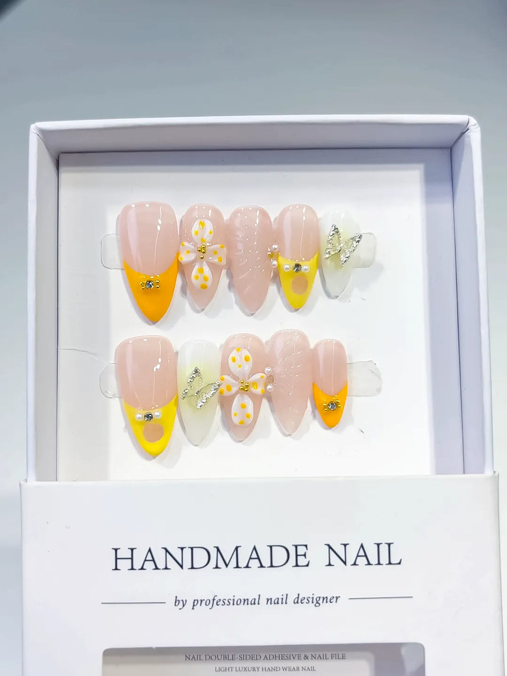 Nude Yellow White French tip Flower Metallic Charm Rhinestone press on nails full set view