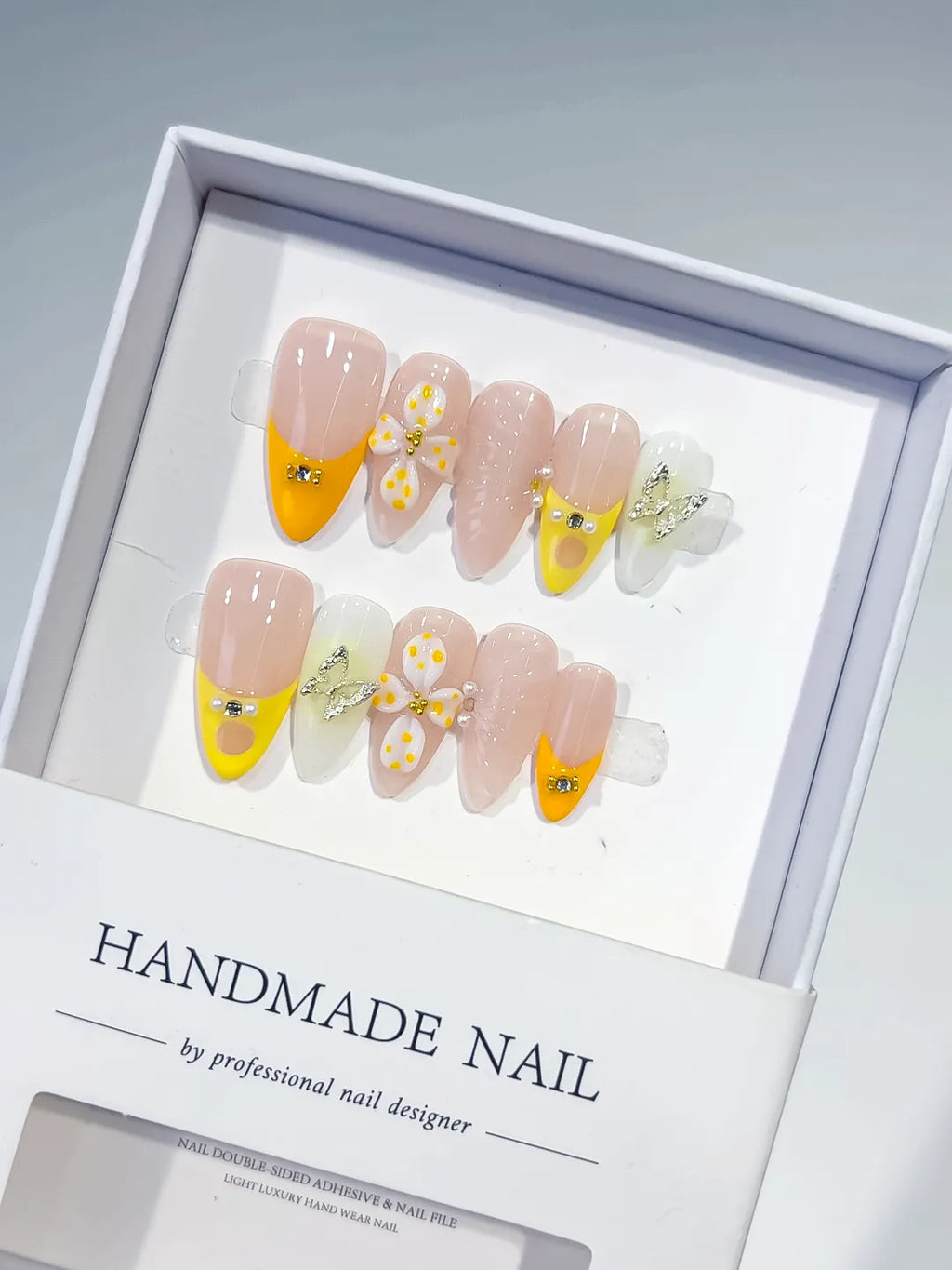 Nude Yellow White French tip Flower Metallic Charm Rhinestone press on nails