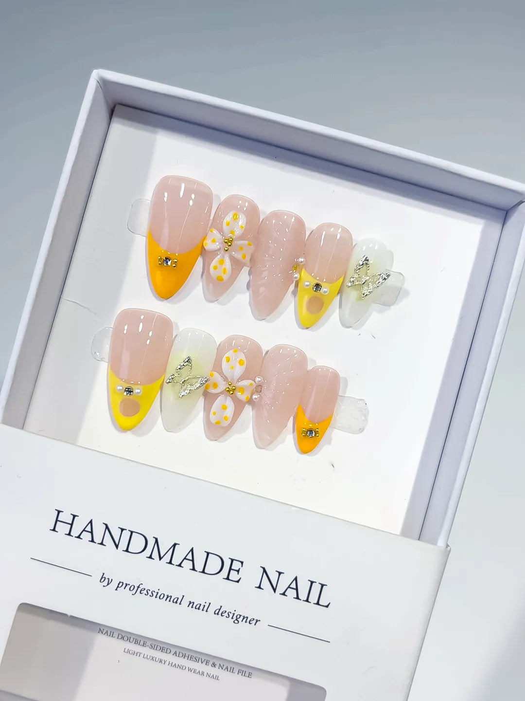 Nude Yellow White French tip Flower Metallic Charm Rhinestone press on nails