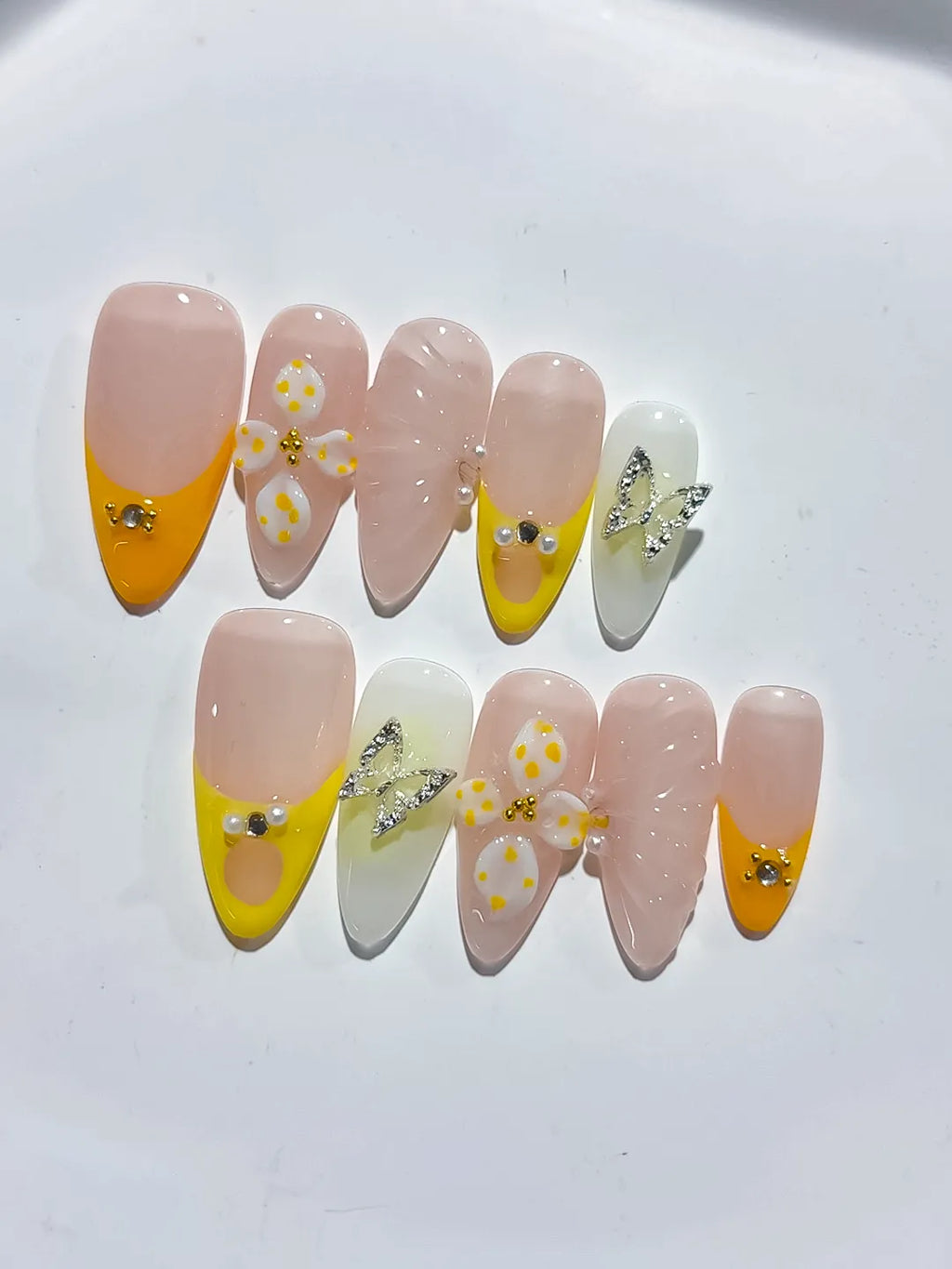 Nude Yellow White French tip Flower Metallic Charm Rhinestone press on nails detail view