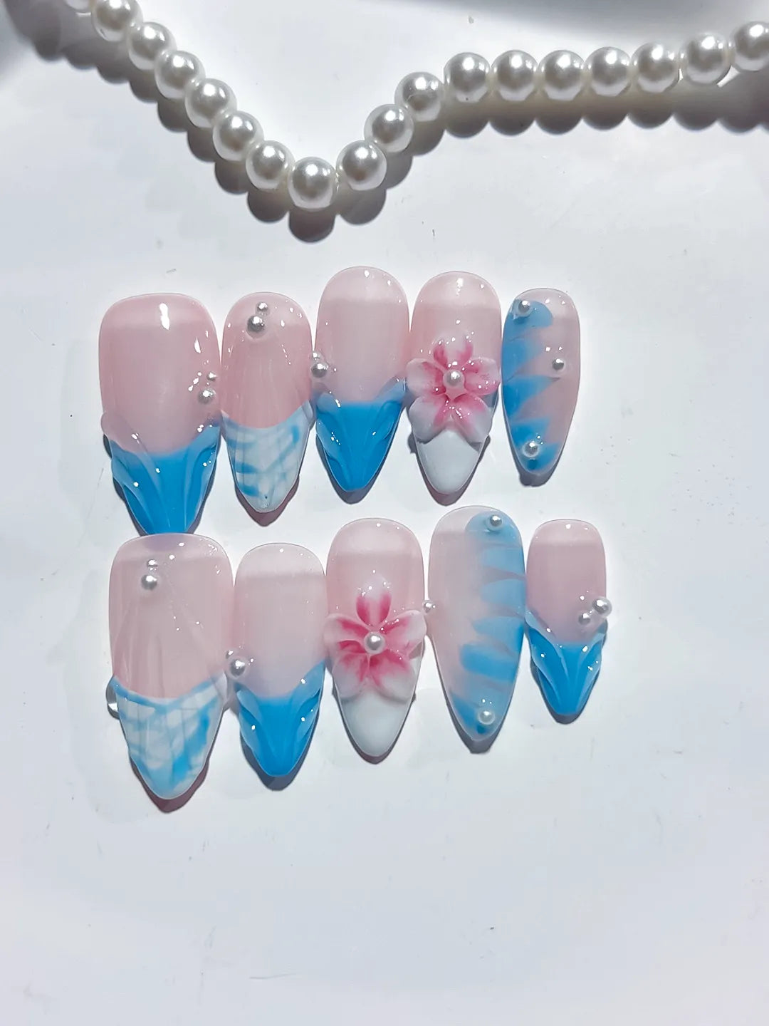 Pink Blue White French tip Flower Pearl Shell press on nails close up
