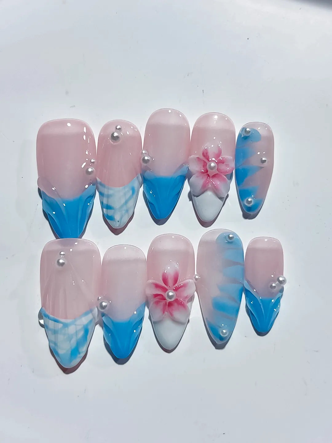 Pink Blue White French tip Flower Pearl Shell press on nails detail view