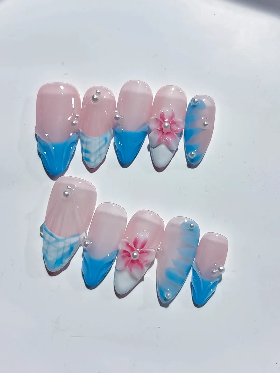 Pink Blue White French tip Flower Pearl Shell press on nails detail view