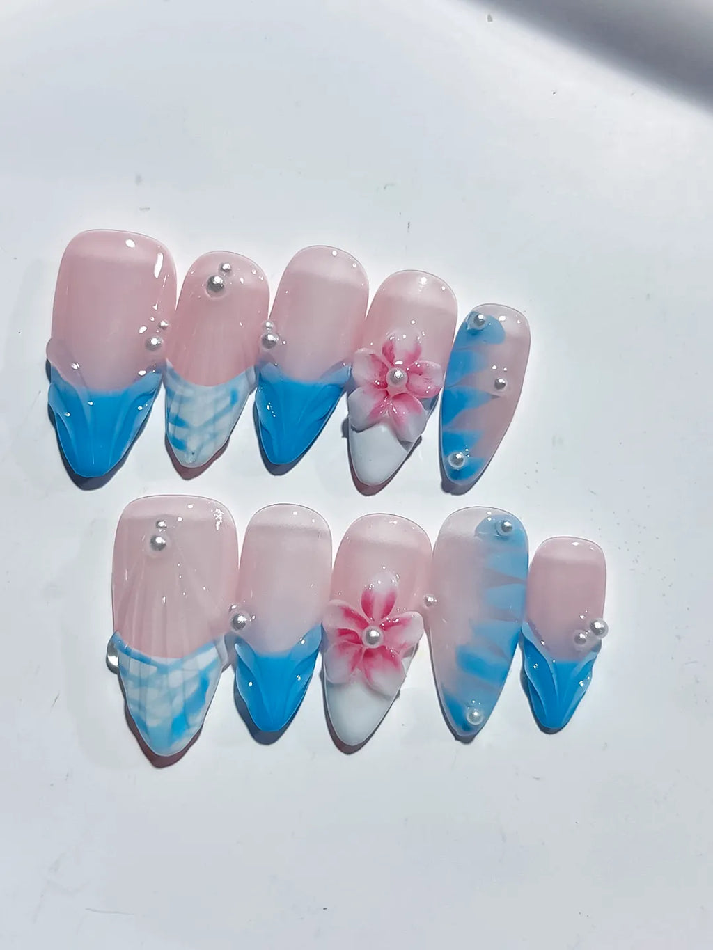 Pink Blue White French tip Flower Pearl Shell press on nails detail view