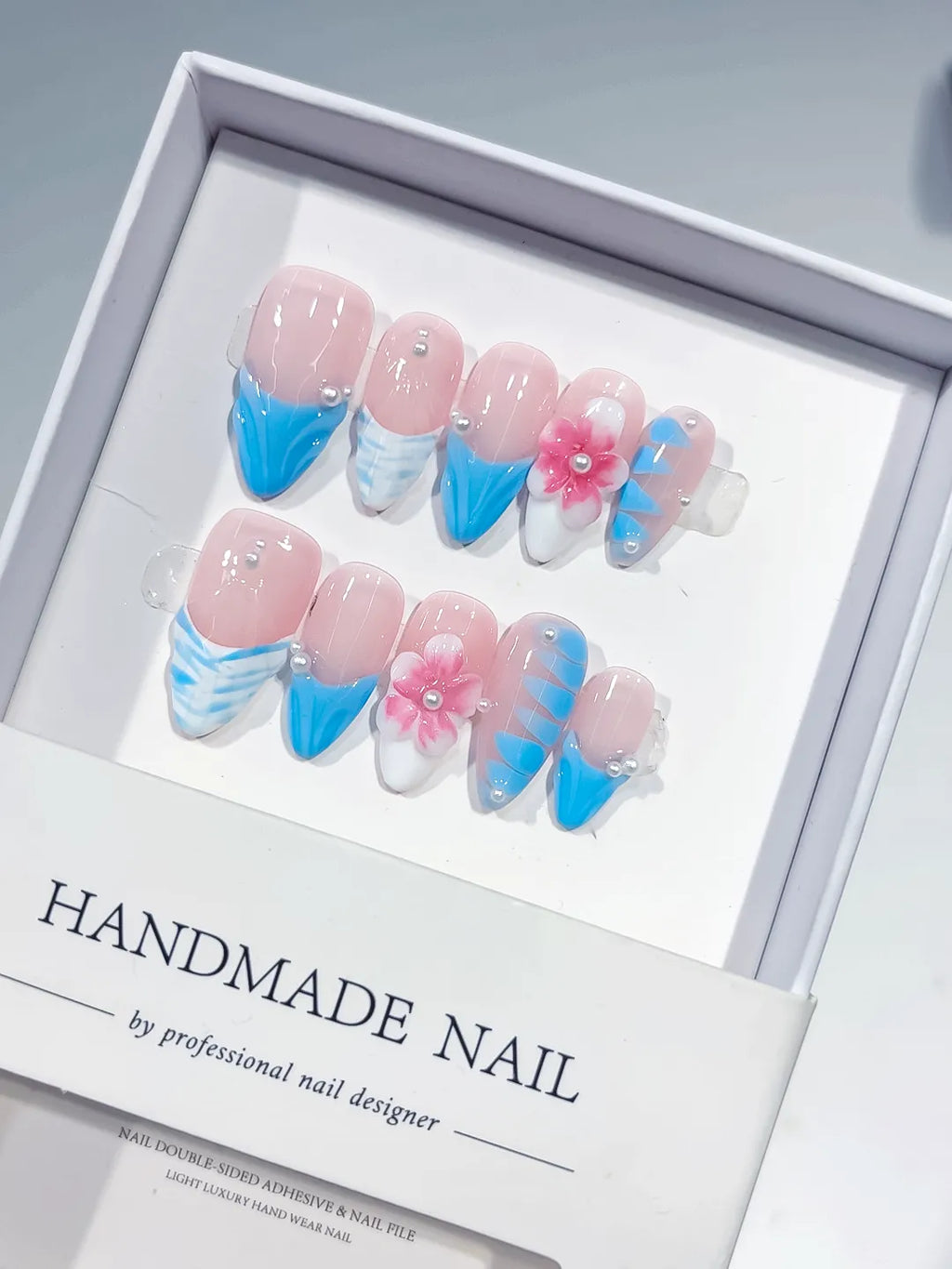 Pink Blue White French tip Flower Pearl Shell press on nails