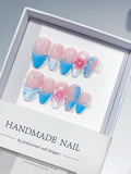 Pink Blue White French tip Flower Pearl Shell press on nails