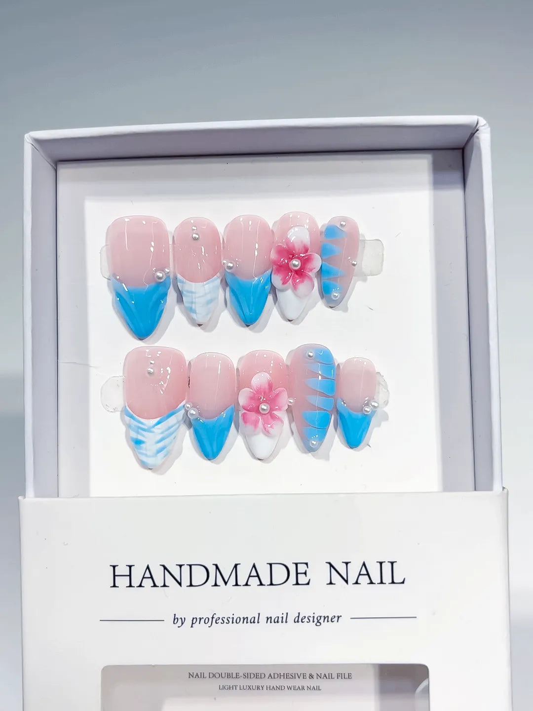 Pink Blue White French tip Flower Pearl Shell press on nails full set view