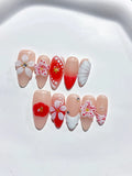 Nude Red White Abstract Flower Star Shell press on nails