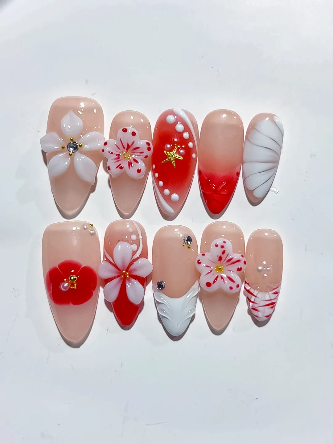 Nude Red White Abstract Flower Star Shell press on nails full set view