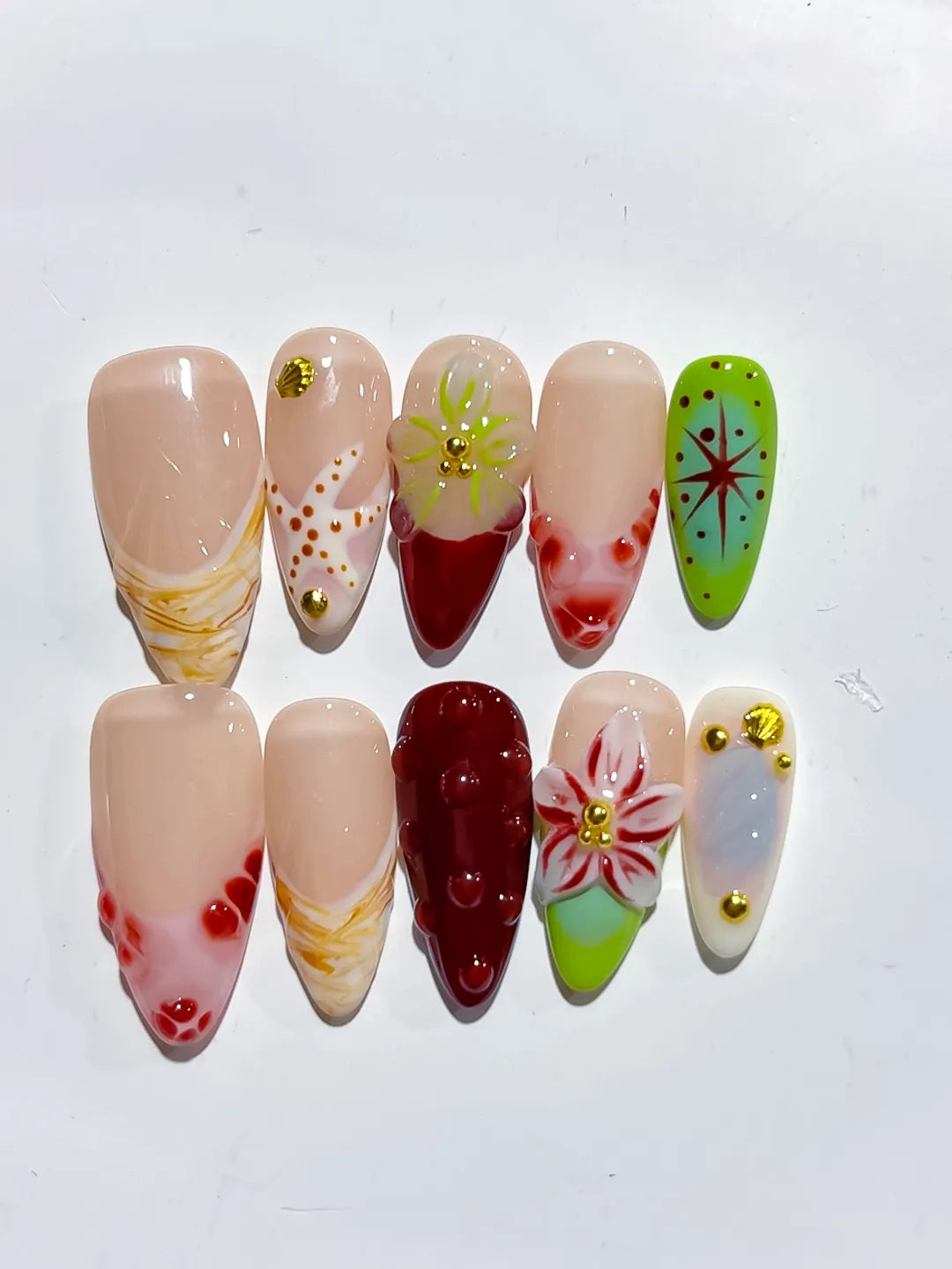 Nude Red Green White Abstract Flower Star Dot Pattern press on nails detail view