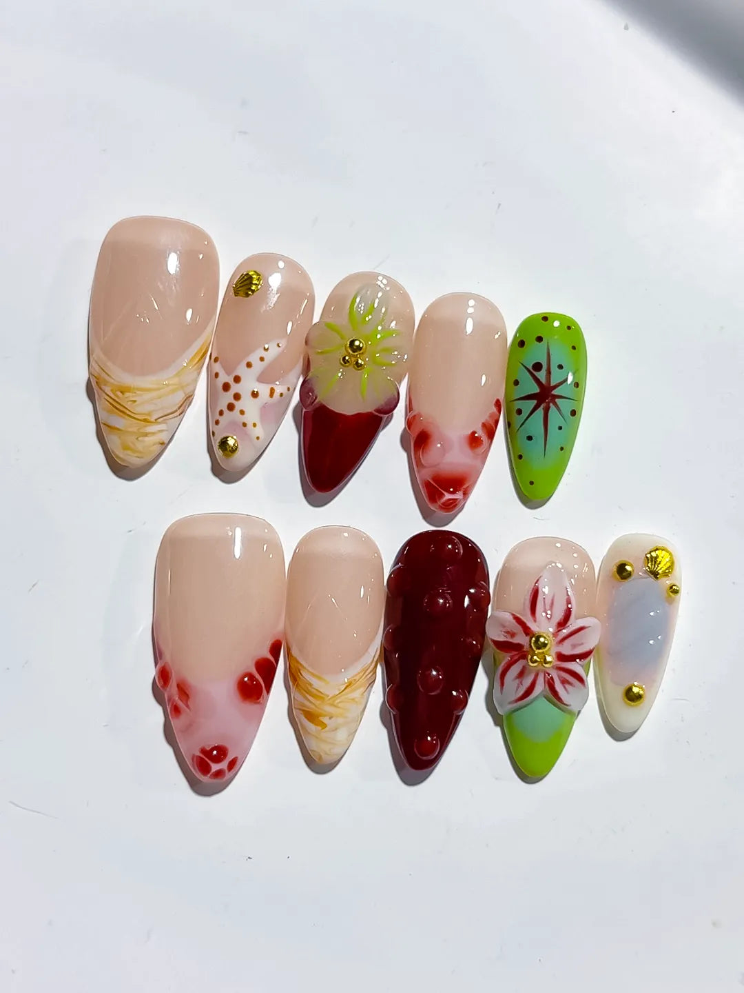 Nude Red Green White Abstract Flower Star Dot Pattern press on nails