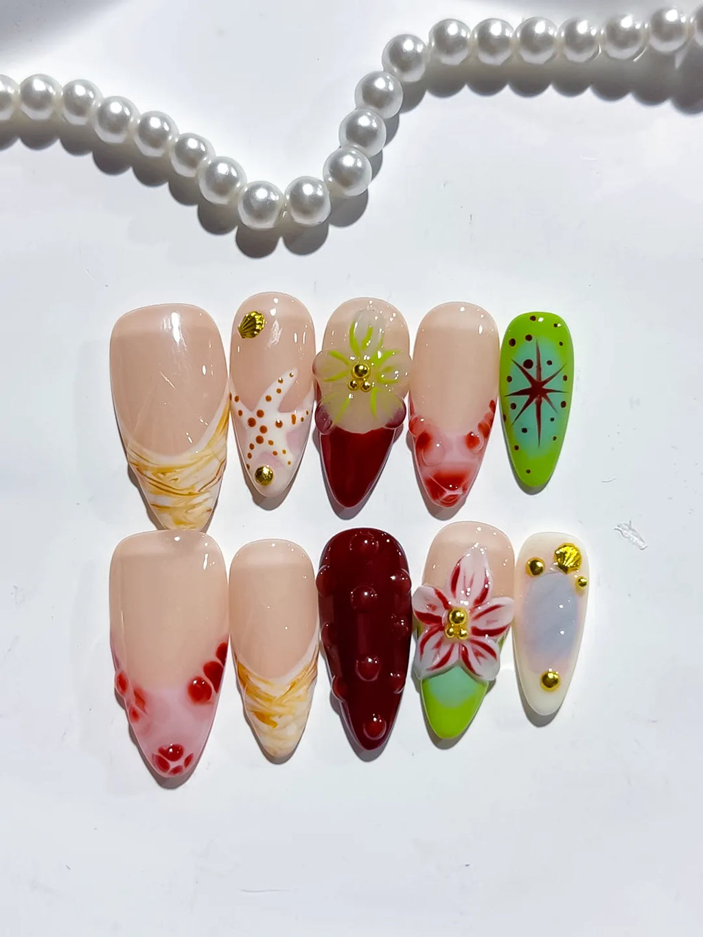 Nude Red Green White Abstract Flower Star Dot Pattern press on nails full set view