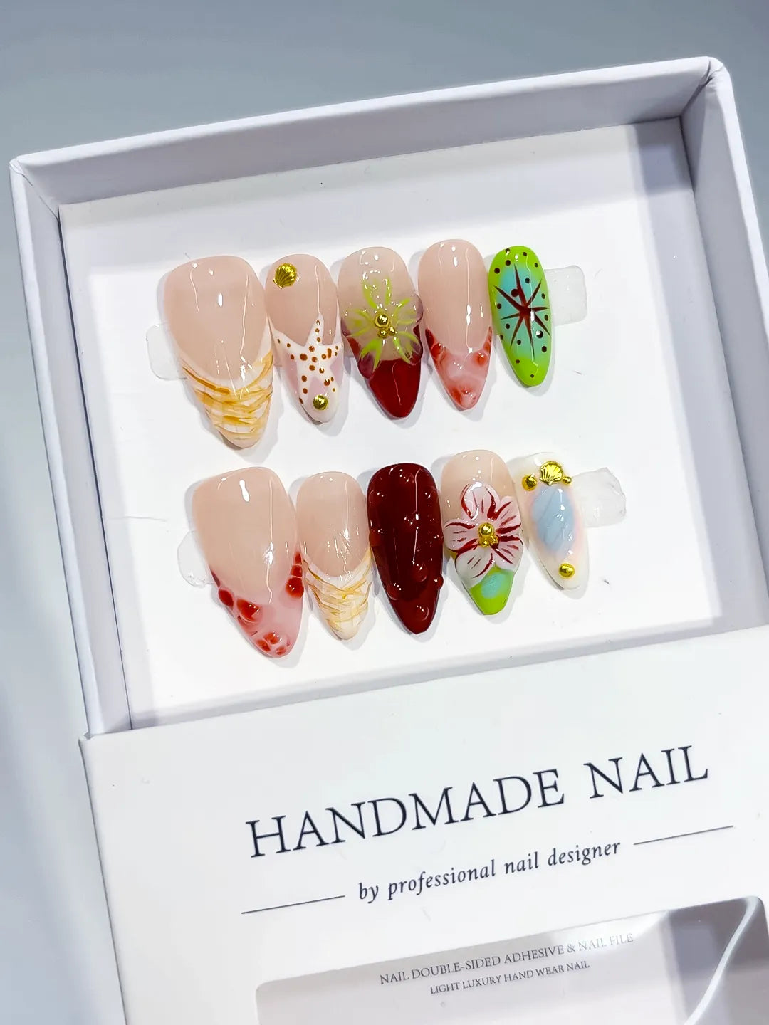 Nude Red Green White Abstract Flower Star Dot Pattern press on nails close up