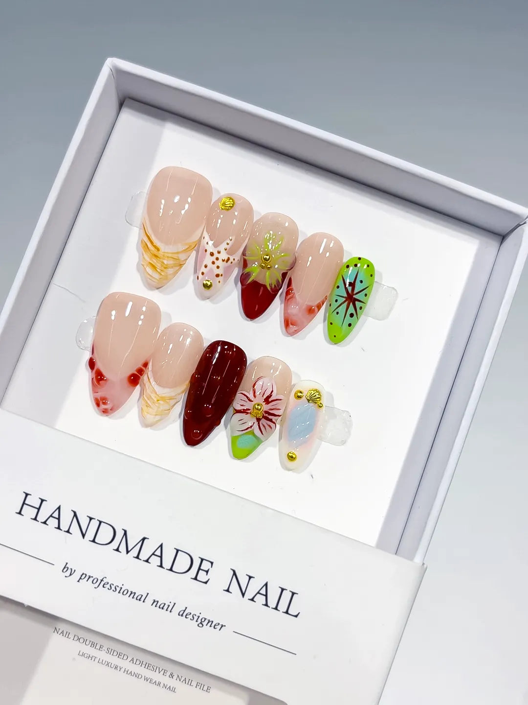 Nude Red Green White Abstract Flower Star Dot Pattern press on nails detail view
