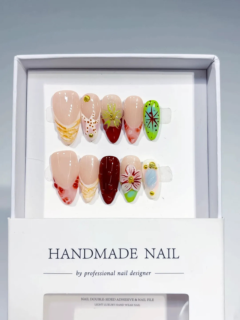 Nude Red Green White Abstract Flower Star Dot Pattern press on nails detail view