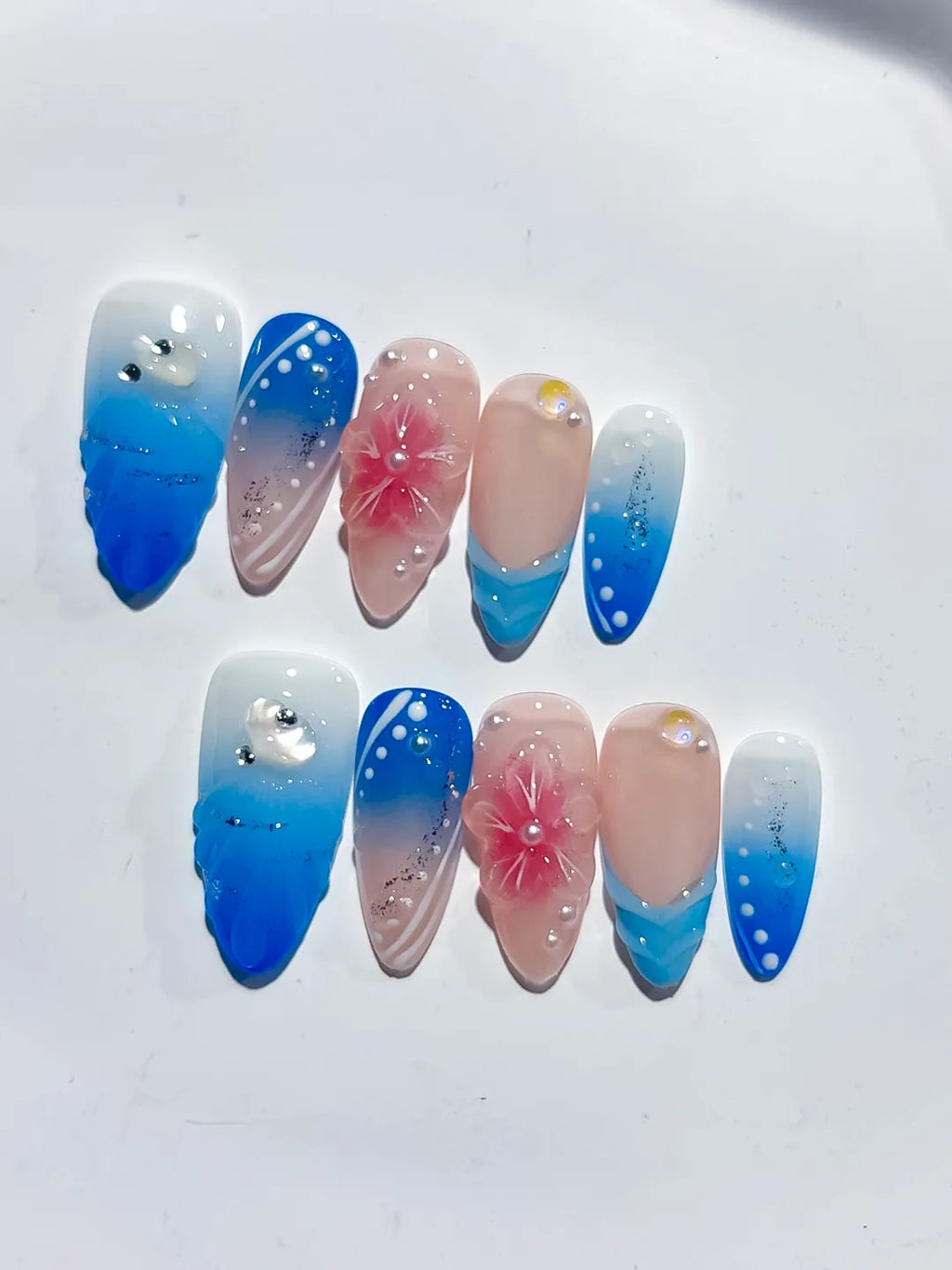 Nude Blue Pink Silver Ombre Flower Glitter press on nails close up